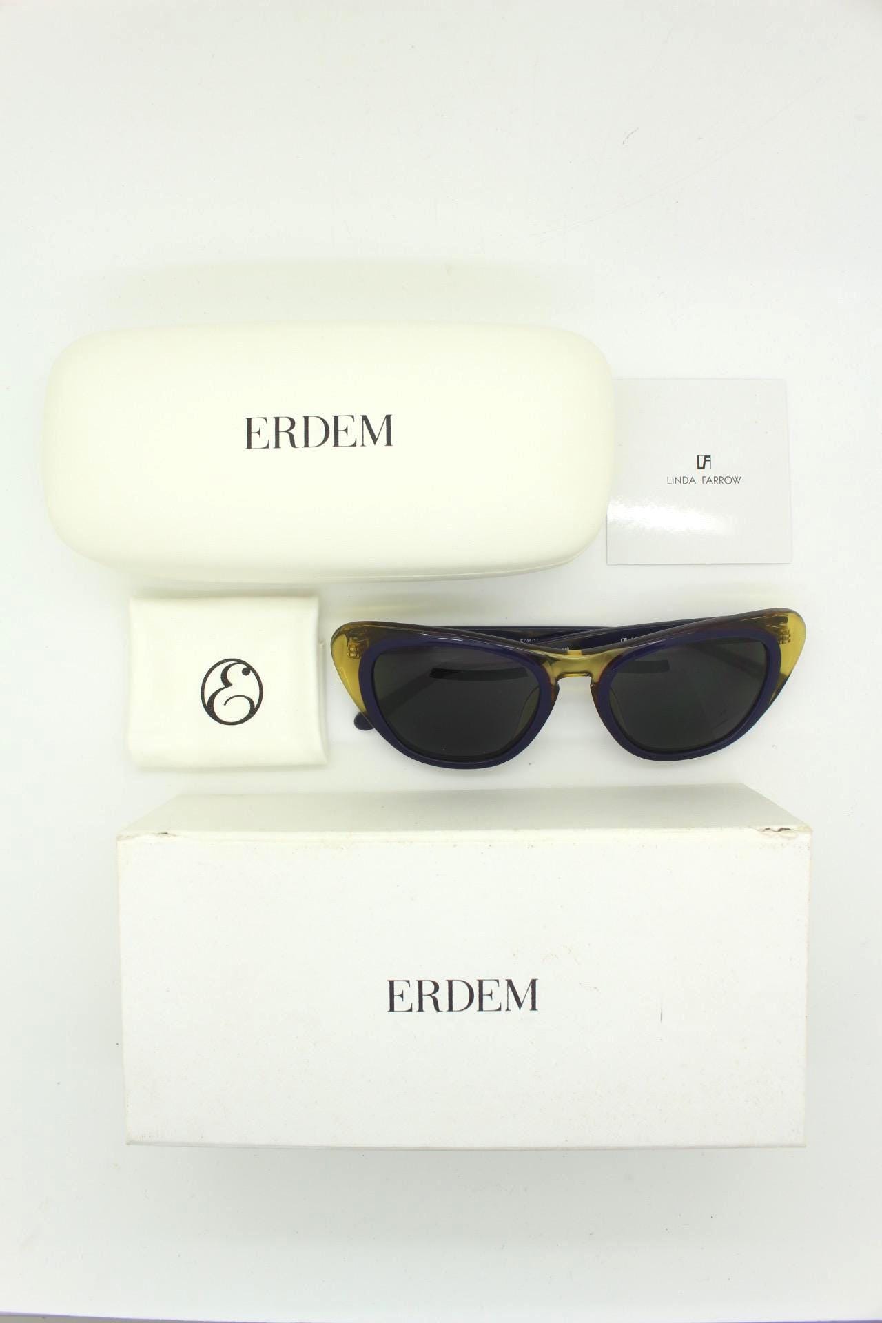 Linda Farrow cat eye sunglasses made in Japan by Erdem. Black with transparent amber outline. Luxe Gallery Projects Vintage. NOS Full Set