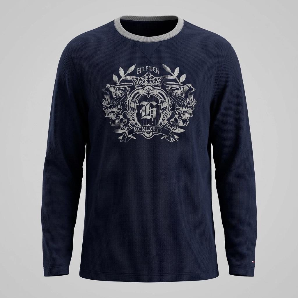 Tommy Hilfiger vintage pullover . Plain navy XL crew neck sweatshirt with big heritage crest print. Round neck oversized jumper