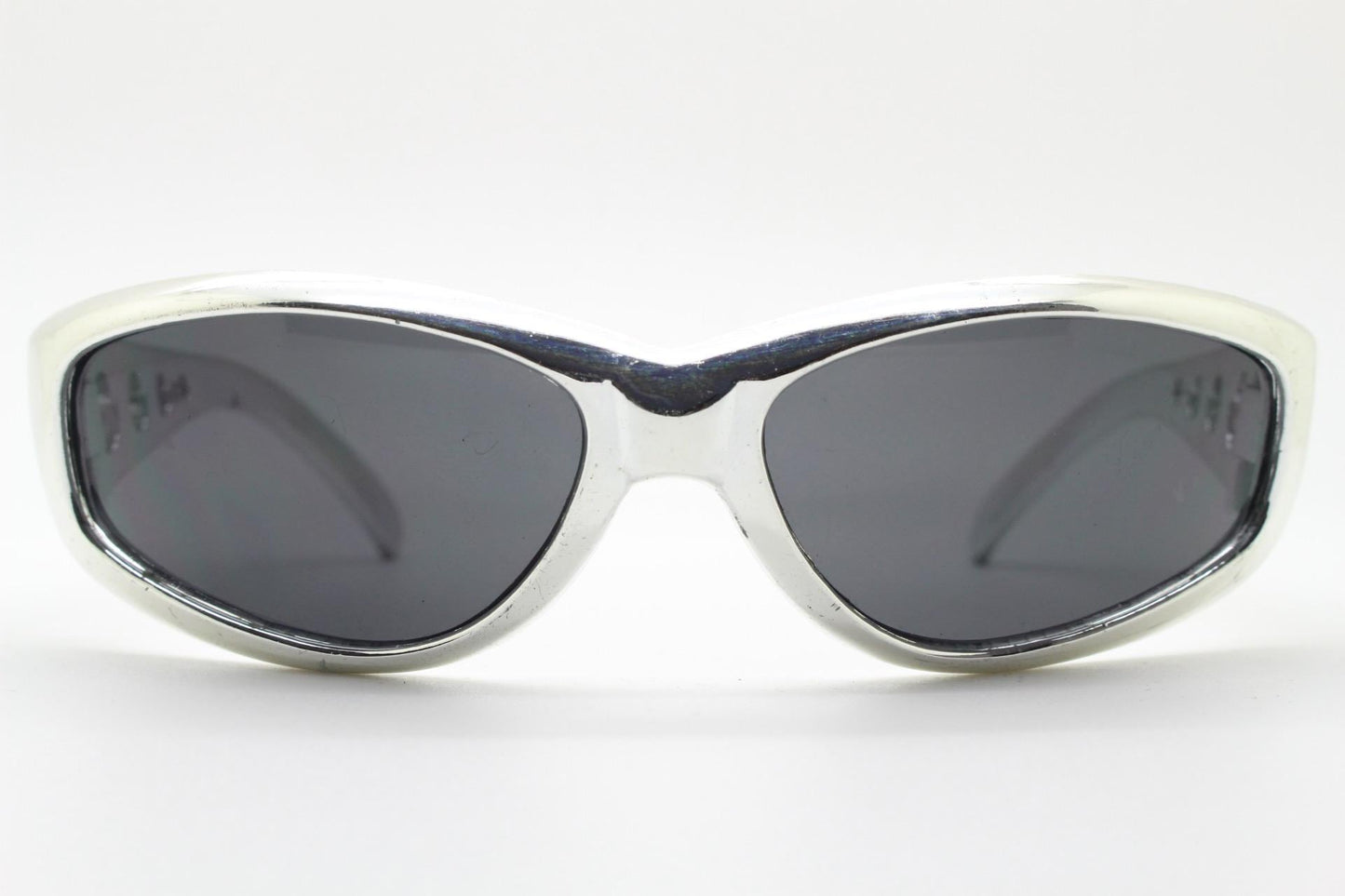 90s vintage visor sunglasses. Hyper real metallic silver superhero style mini mask sport shield with black lenses. Wrap around. NOS cosplay