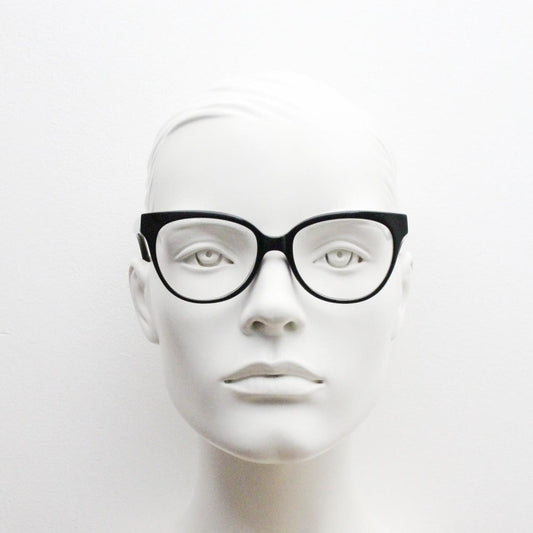 Modified cat eye glasses by Karian. Plain black gloss optical frames in high quality acetate. Prescription eyeglasses. RX cateye spectacles