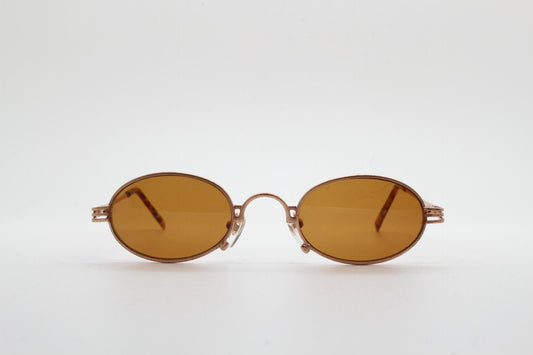 90s oval vintage metal sunglasses. Minimal small satin finish gold metal micro frame with brown lenses. Steampunk. Unused NOS