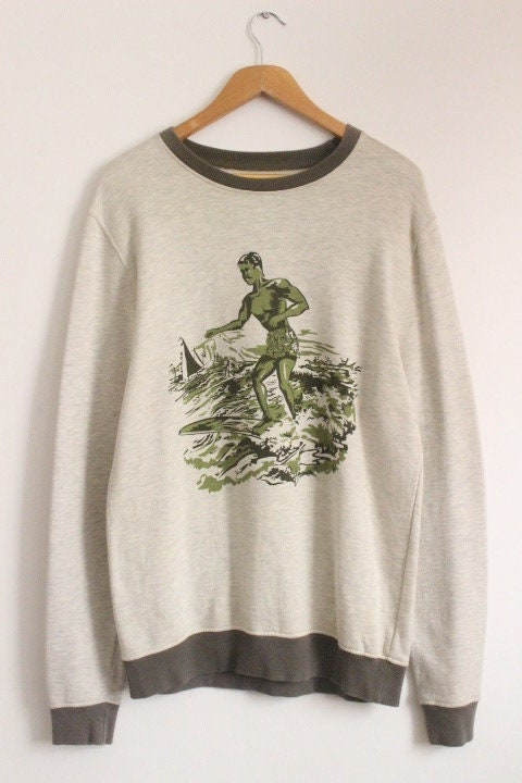 YMC slim fit ribbed collar crew neck sweatshirt with big surfer print. Round neck pullover. Mens medium jumper. Exclusive vintage sample