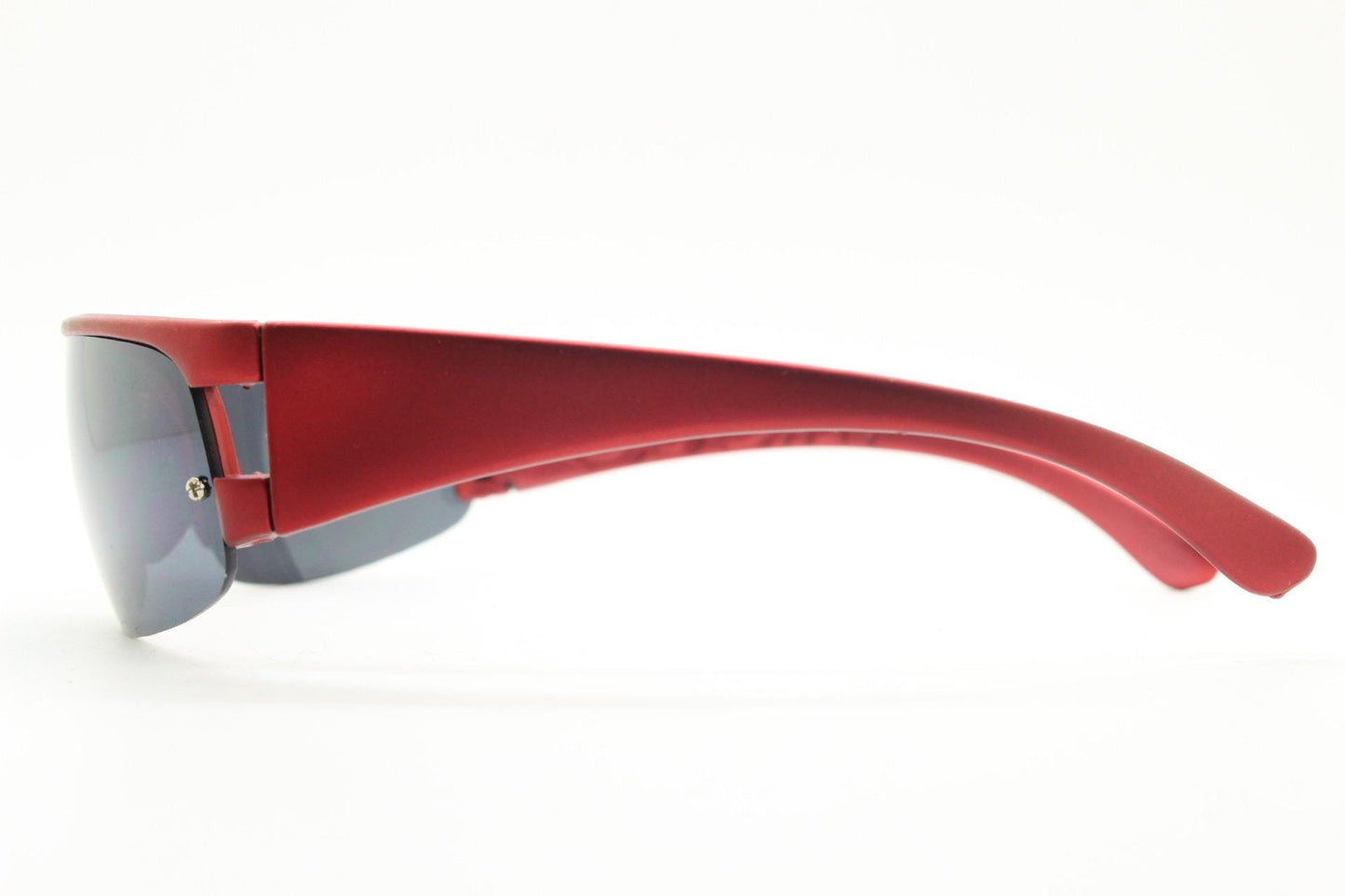 90s vintage visor sunglasses. Red matt metallic curved half frame wrap around sports shield with dark lenses. Mini mask. 2000's. Y2K NOS