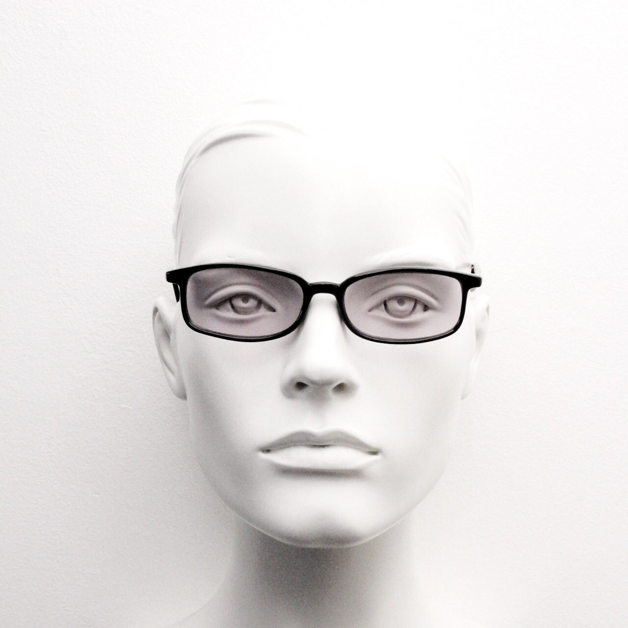 90s vintage rectangular sunglasses. Slim low profile black gloss frame with extra light tone lilac purple lenses. Y2K 2000s. BNWT Unused NOS