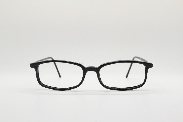 90s vintage modified wayfarer design eye glasses. Black low profile slim optical frames. Prescription eyeglasses. RX Spectacles. NOS