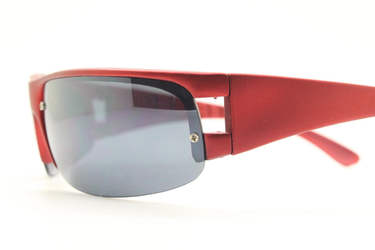 90s vintage visor sunglasses. Red matt metallic curved half frame wrap around sports shield with dark lenses. Mini mask. 2000's. Y2K NOS