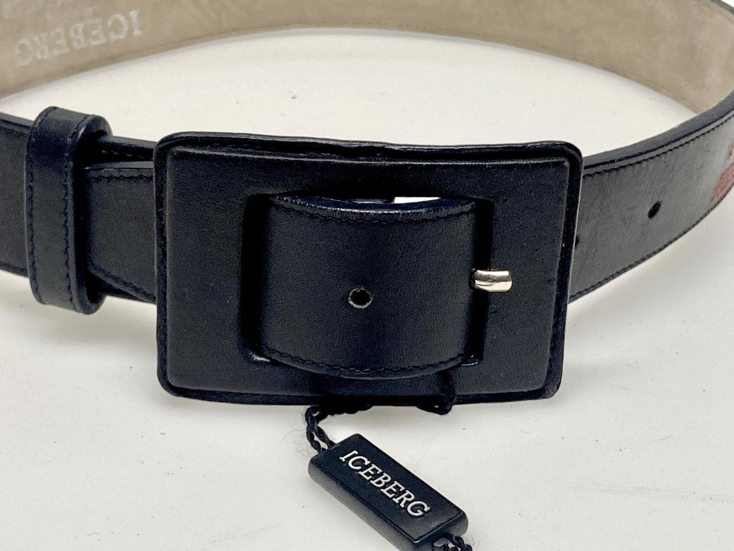 Iceberg 90s vintage womens belt in black genuine all leather with smart covered buckle. For dress or trousers. Made in Italy. BNWT. NOS