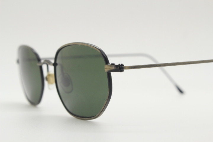 90s  vintage metal oval sunglasses. Minimal brushed brown bronze finish slim wire  frame with green lenses. Steampunk. Unused NOS