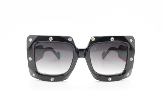 Y2K vintage oversized square diamante sunglasses. Blockbuster women's thick black frame with big rhinestones and smoky lenses. 2000s. BNWT