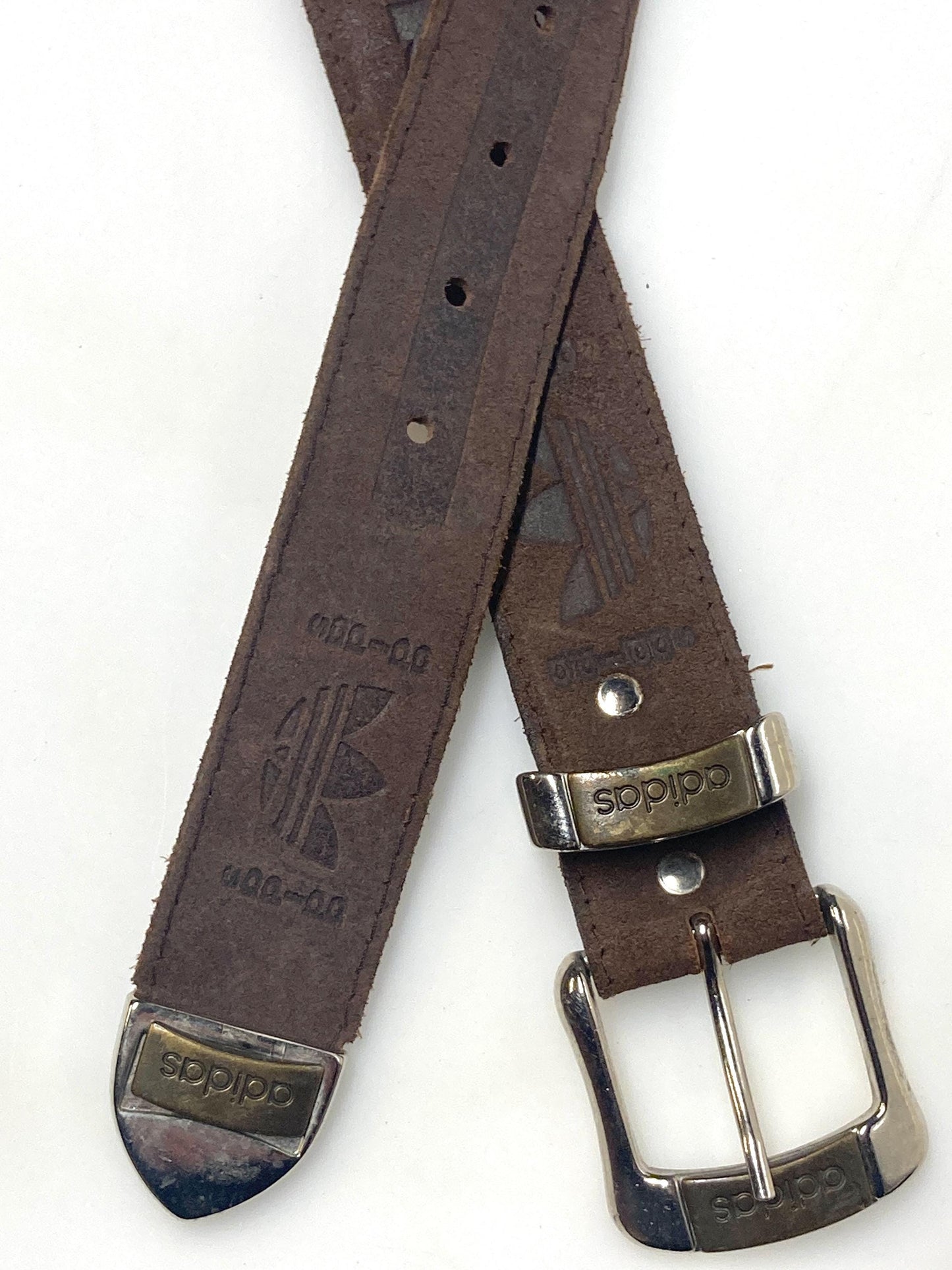 Adidas 90s vintage thick brown genuine leather belt for jeans with solid buckle. Suede finish with cool stamped logo's. High grade cowhide