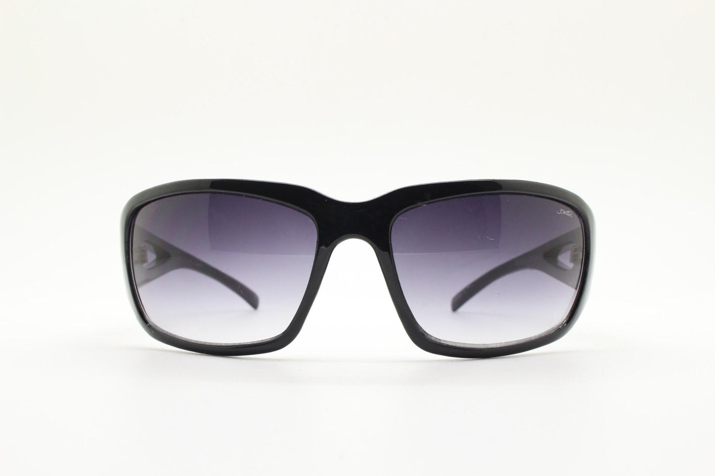 Y2k vintage wrap around bug eye sunglasses. Substantial curved black shield frame with arm holes. Modified 60s biker design. 2000's NOS