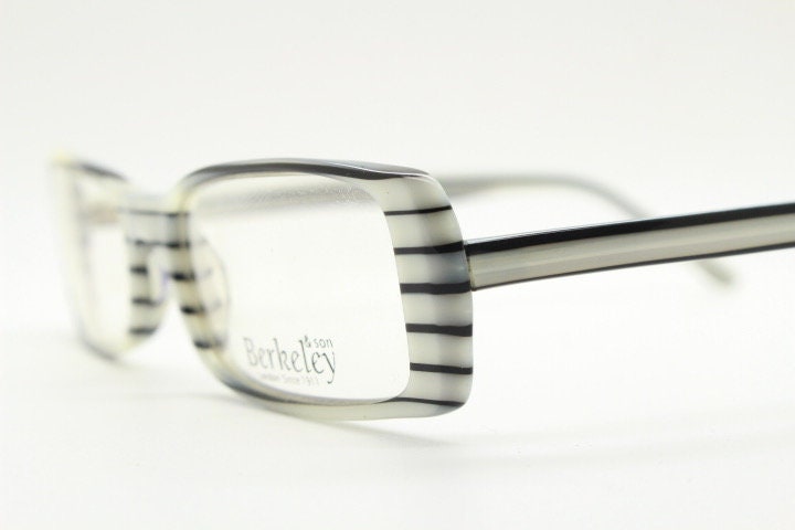 Berkeley & Son London rectangular90s vintage eye glasses. Black and white horizontal striped acetate optical frame. Prescription RX