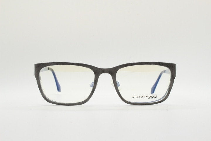 William Morris London rectangular eye glasses. Grey flat metal optical frames with textured check surface. Prescription RX eyeglasses