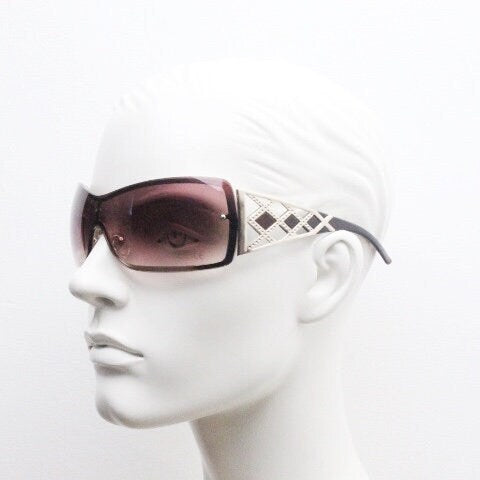 Y2K vintage visor sunglasses. 2000's brown wraparound mono lens mini mask shield design with stupendous lattice arms. Bug eye. Unworn NOS