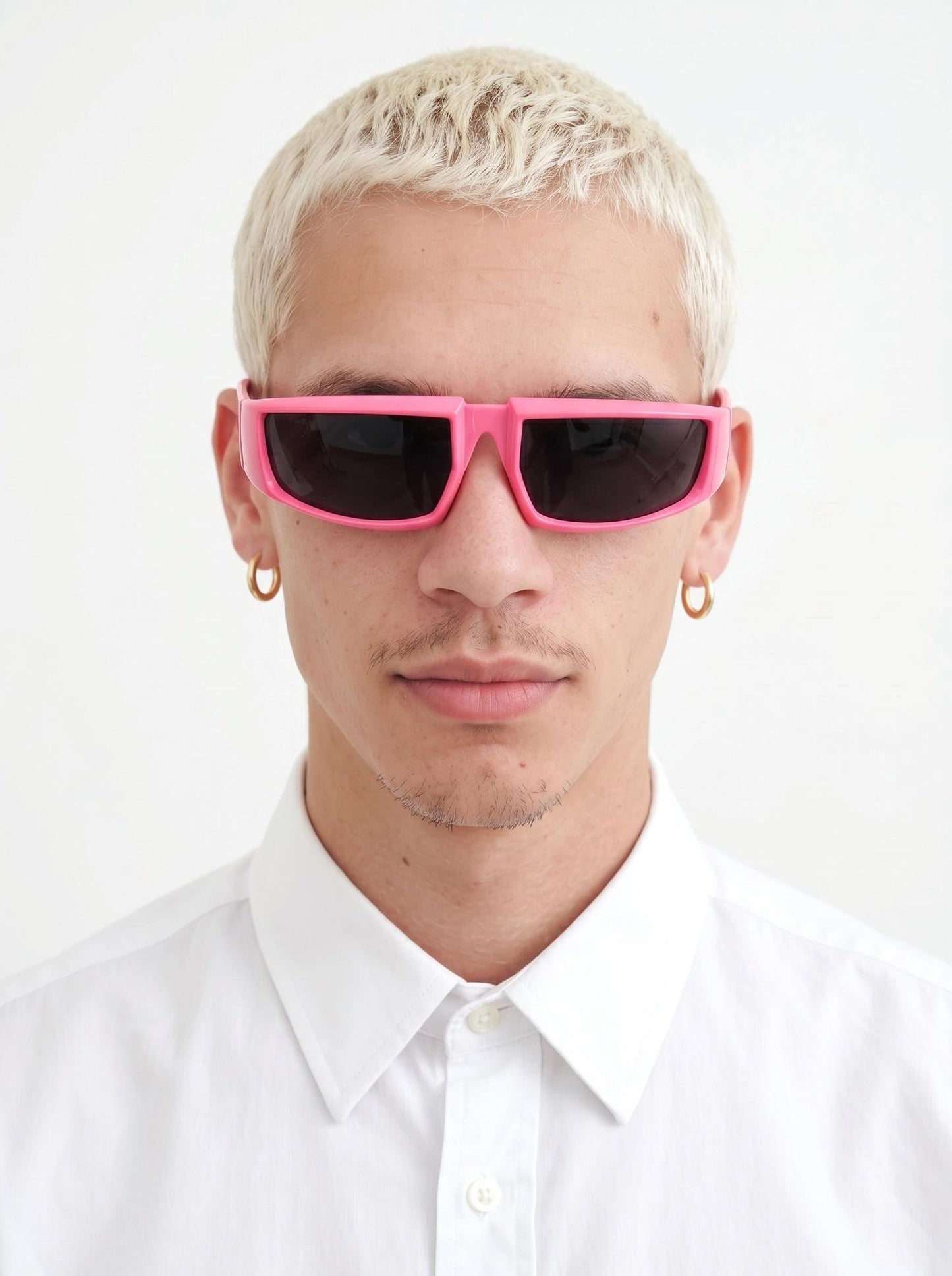 Y2k vintage 2 tone sunglasses. Shocking pink flat top shield style wrap around frame with black lenses. Fluorescent. Dayglo robot visor. NOS