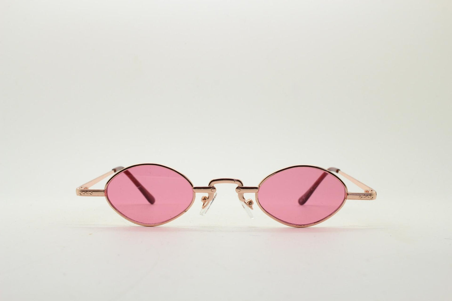 90s vintage small oval sunglasses. Imposing minimal rose gold metal victorian style frame with shocking pink lenses. Steampunk. BNWT