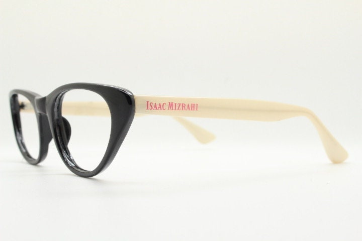 Isaac Mizrahi vintage cat eye glasses. Womens black gloss cateye optical frames with beige arms. Prescription RX eyeglasses. NOS spectacles