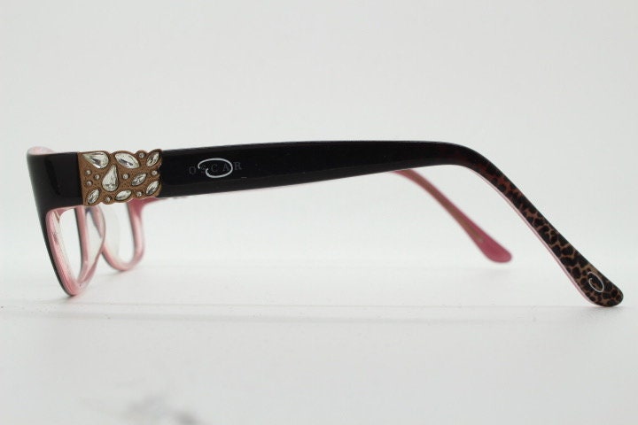 Oscar de la Renta vintage diamante eye glasses. Leopard print layered acetate optical frames. Womens prescription RX eyeglasses. Rhinestone