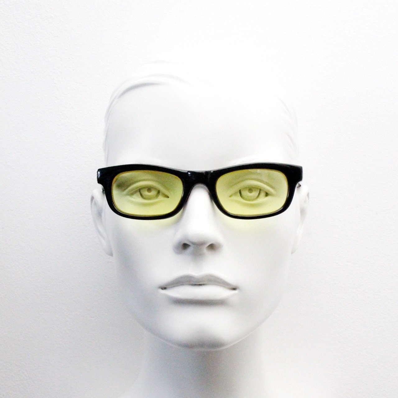 80s vintage rectangular sunglasses. Low profile slim black frame with psychedelic mod light tone canary yellow lenses. BNWT. NOS