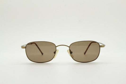 90s vintage small rectangular low profile metal sunglasses. Minimal slim frame in satin bronze finish with plain brown lenses. NOS. BNWT