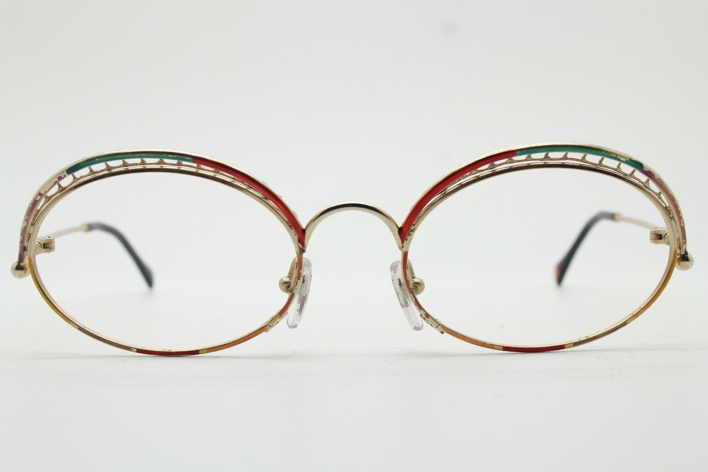 Casanova 80s vintage oval eye glasses. Incredible eyebrow canopy design with multi coloured finish. Optical frames. Prescription spectacles