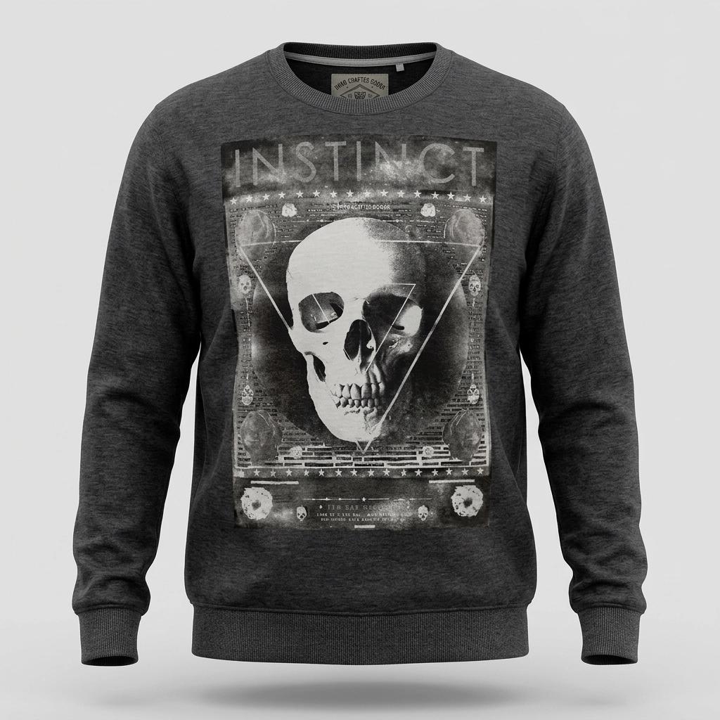 Vintage dark and light grey sweatshirt. Mens crew neck pullover with abstract skull print. Round neck jumper top