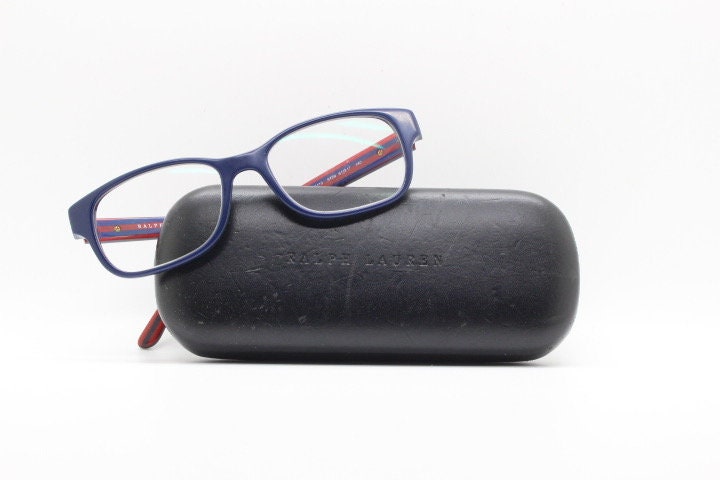 Ralph Lauren rectangular eye glasses model 6119. Navy blue acetate optical frame with red interior. Prescription eyeglasses. RX spectacles