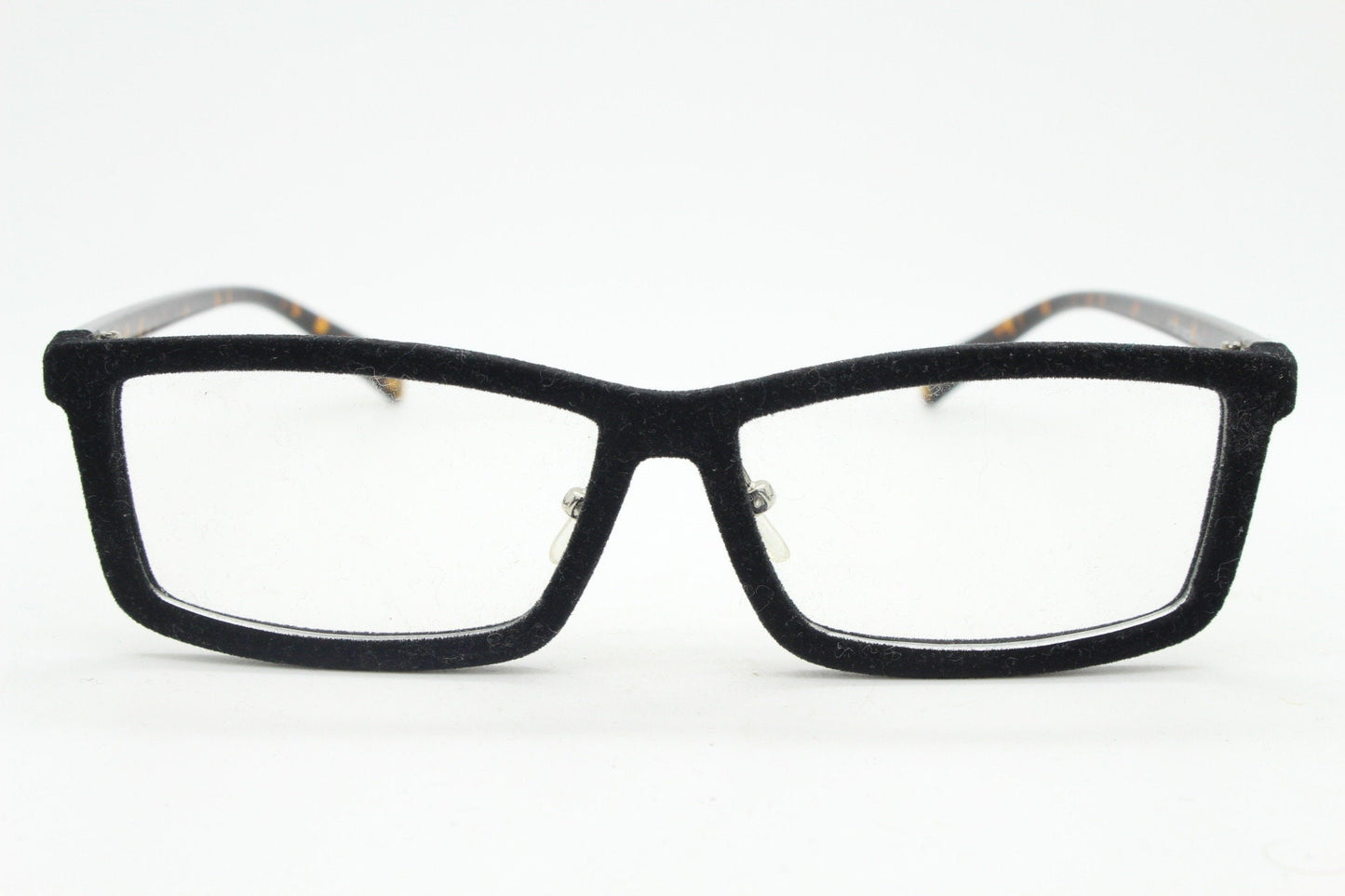 Y2K vintage black velvet glasses with tortoise arms. Stylised rectangular clear lens eyeglasses. NOS optical frames. RX spectacles