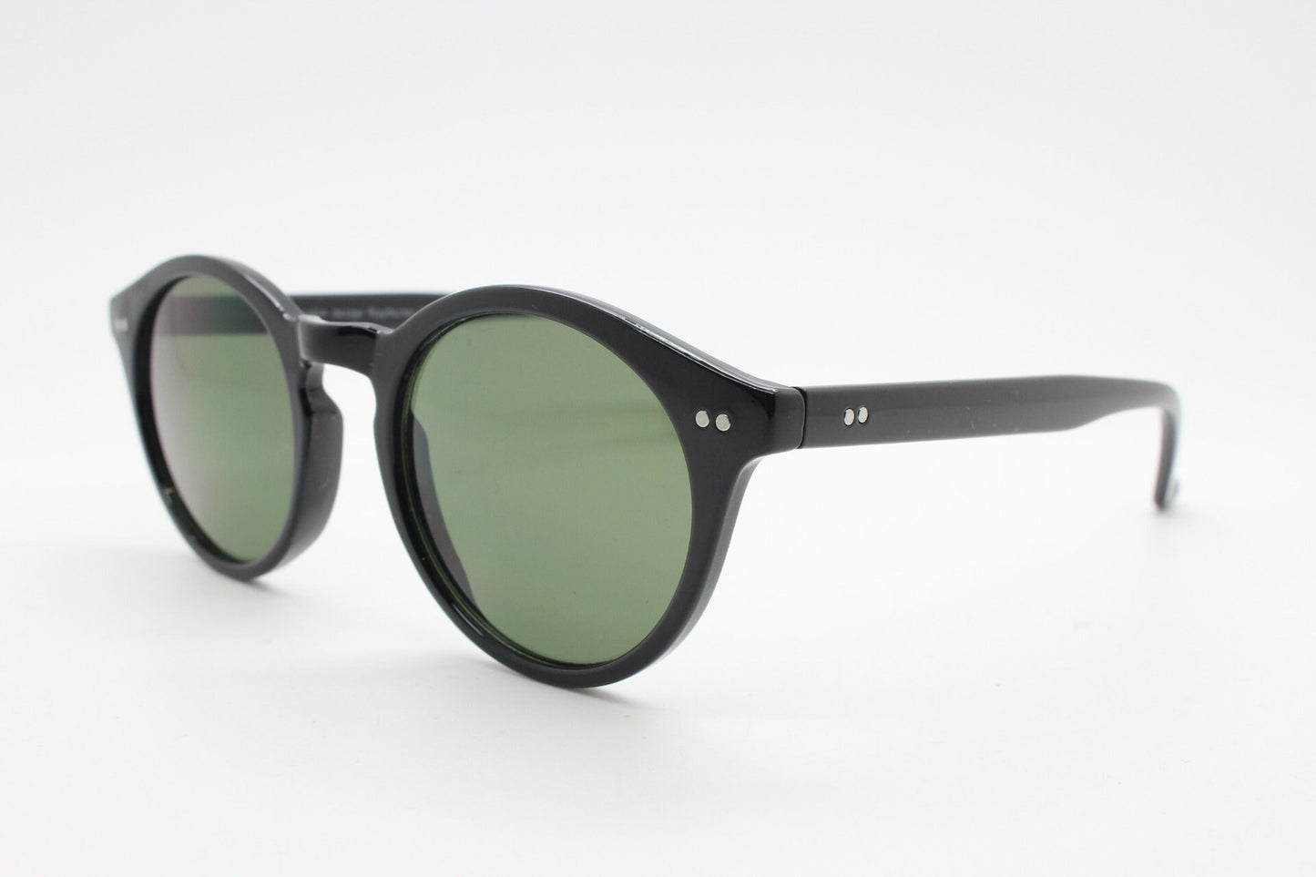 90s vintage small round sunglasses. 30s, 20s horn rim design black gloss frame with contrasting green lenses. BNWT. NOS
