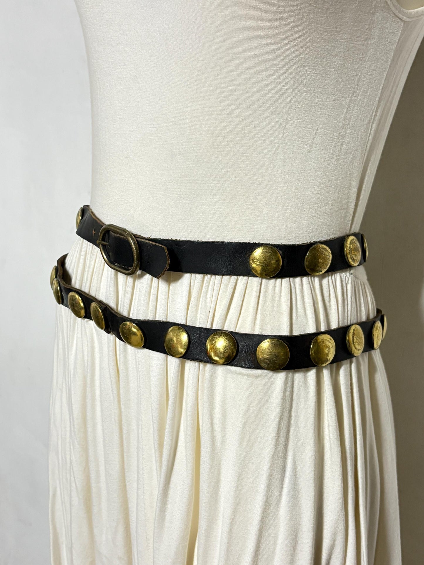 50s vintage double belt for a dress. Black genuine leather 1" height with big brass dome studs. Mexican Mariachi style cowgirl