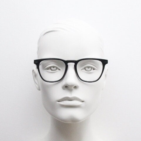 Ace and Tate slim wayfarer design eye glasses made in Italy. Plain black gloss acetate optical frames. Prescription RX