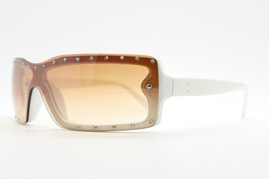 Y2K vintage shield sunglasses with diamante. Brown and white wrap around mini mask style with curved mono lens. 2000s unused NOS. Visor