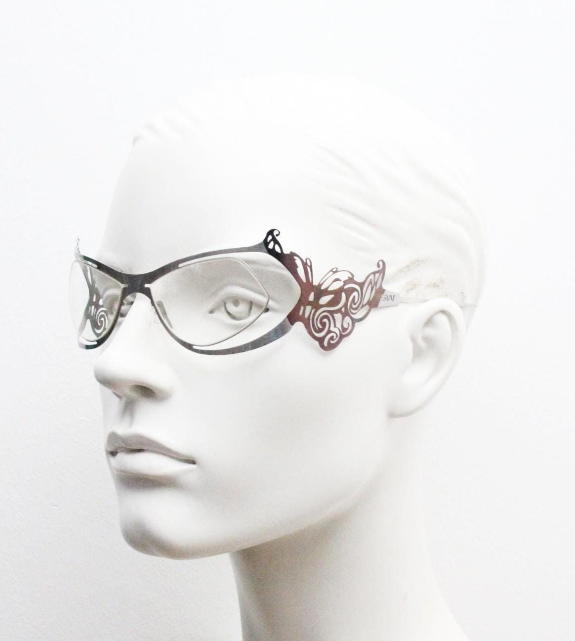 Slav Novosad wearable art eye wear. Design classic in inventive flat 2 tone stainless steel. Radical fashion visor. Fantasy sun glasses