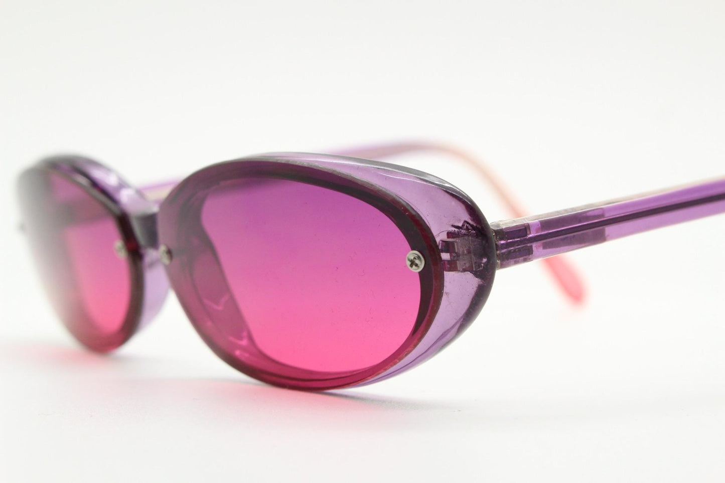 Vintage 90s oval cat eye sunglasses. Low profile Womens transparent purple frame with intense pink lenses. Rockabilly cateye. Unused NOS