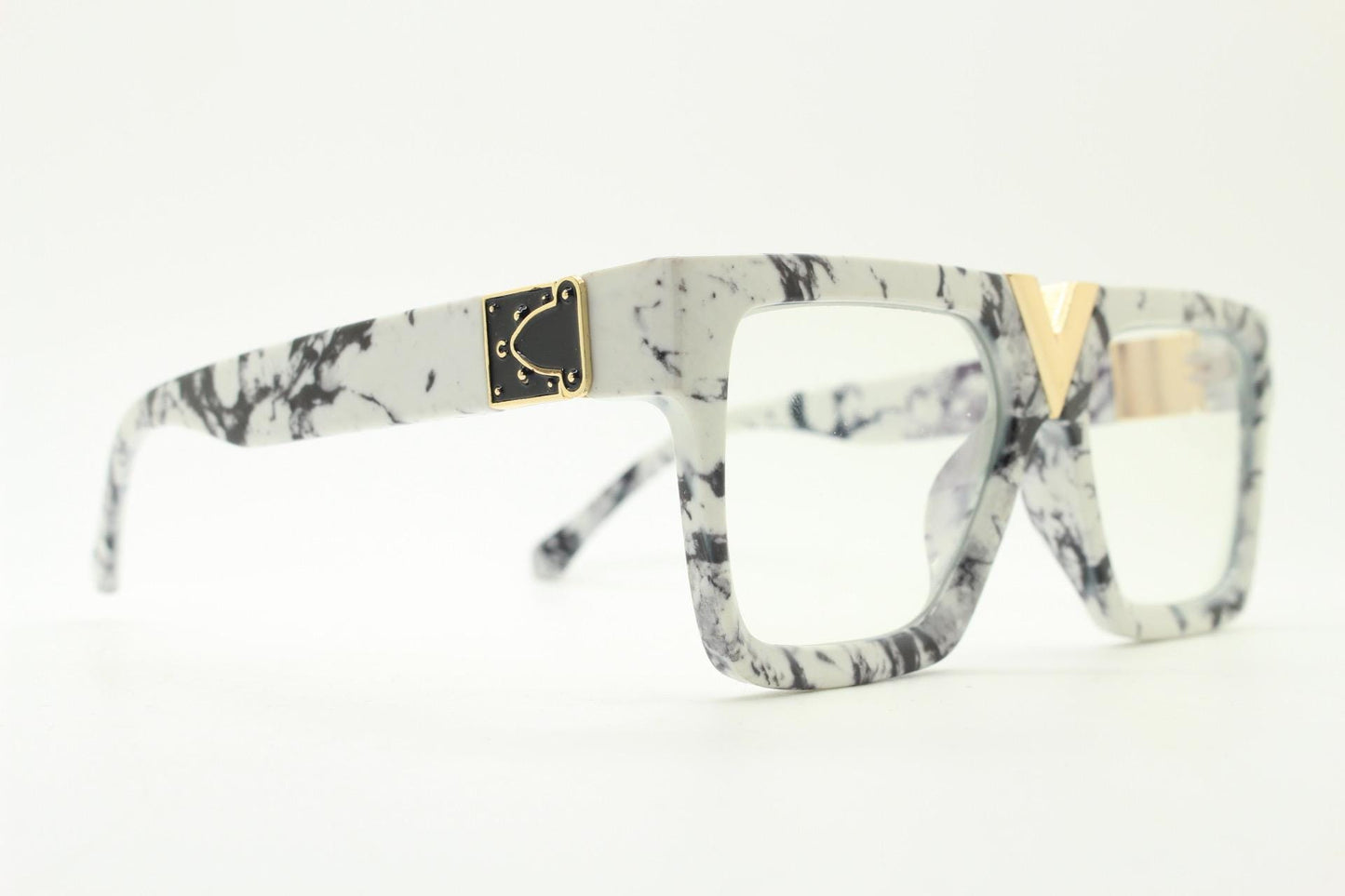 White marble flat top oversized eye glasses. Extreme fashion statement chunky optical frame with V bridge. Prescription. Vintage. RX  NOS