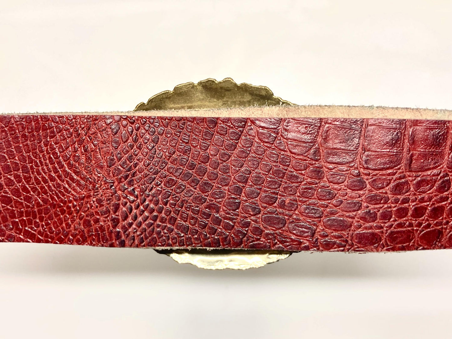 70s vintage womens hand made dress or jeans / trousers belt. Big abstract metal buckle on genuine tooled leather in crocodile look. NOS