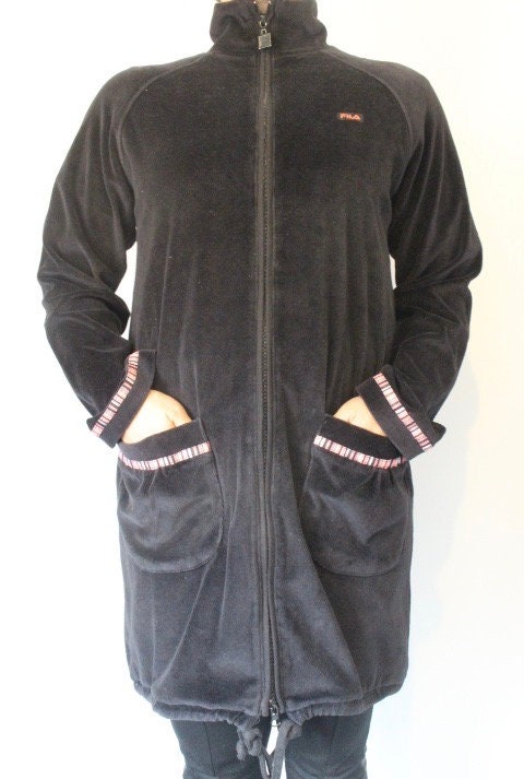 Vintage 80s Fila velour casual coat. Womens all black velvet double zipper long sleeve top. Original sport fashion grail