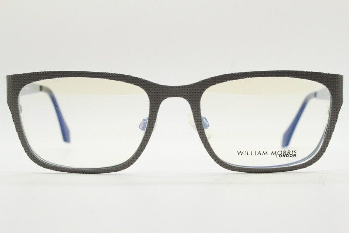 William Morris London rectangular eye glasses. Grey flat metal optical frames with textured check surface. Prescription RX eyeglasses