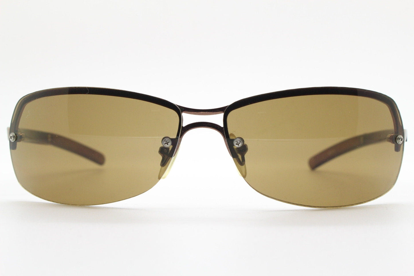 Y2K vintage modified small aviator sunglasses. Metallic brown chrome half frame with curved bug eye lenses and straight arms. 2000's. NOS