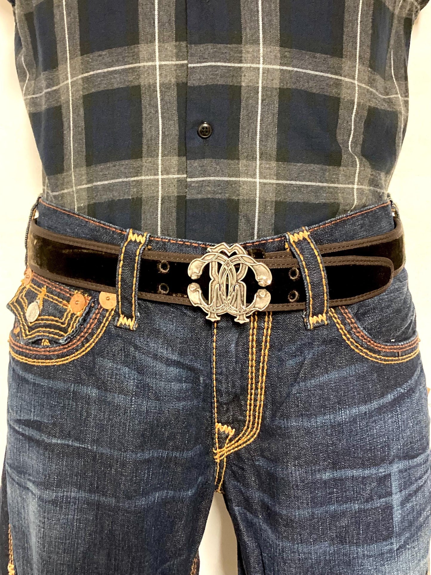 Roberto Cavalli Y2K vintage belt. Brown velvet with tape edge, Logo 'shield' buckle and leather back. Made in Italy. Mens NOS with dust bag