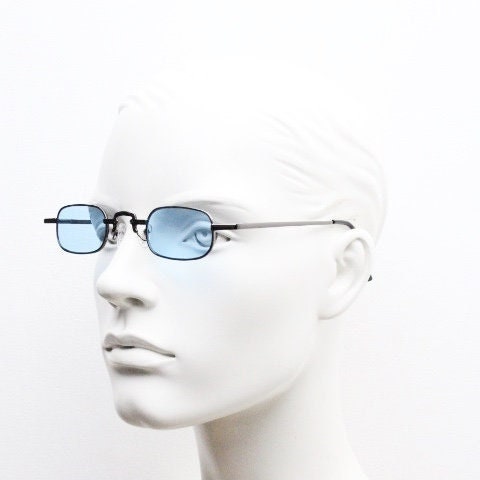90s vintage small rectangular sunglasses. Imposing minimal gunmetal grey victorian style frame with sky blue lenses. Steampunk. Unused NOS