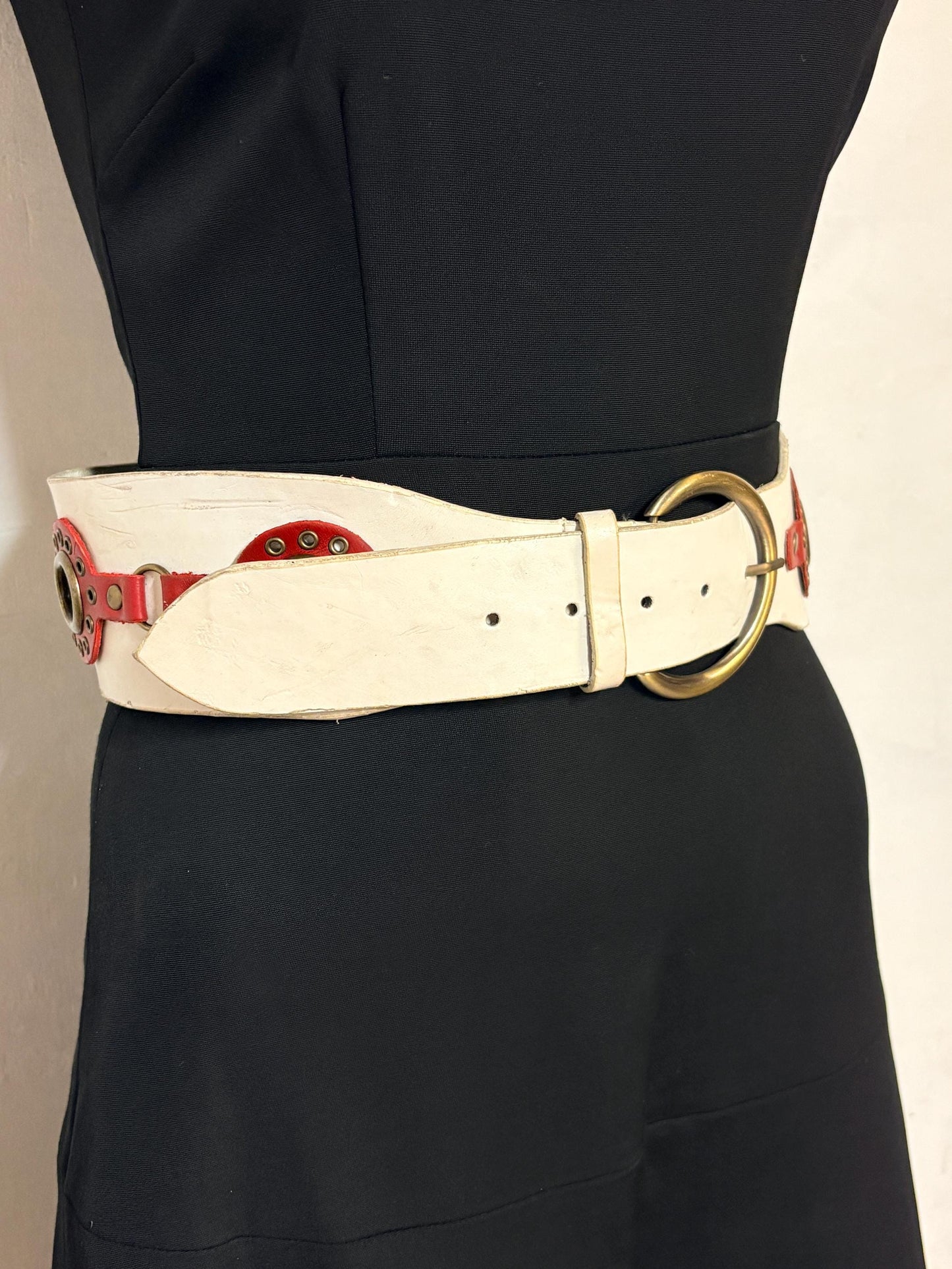 Y2K vintage womens white dress belt with red 'telephone dial' circles applique. Genuine 2000s with brass trims and buckle. NOS