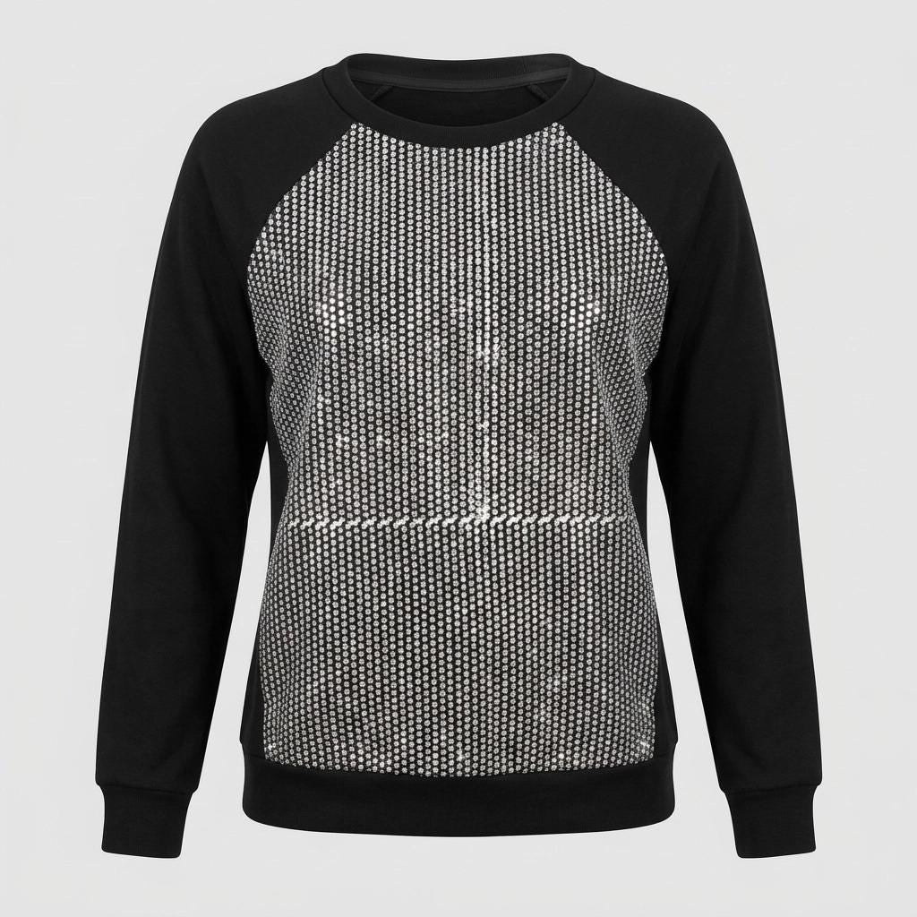 Vintage Y2K black sweatshirt with full silver sequin front . Womens crew neck pullover. Round neck jumper