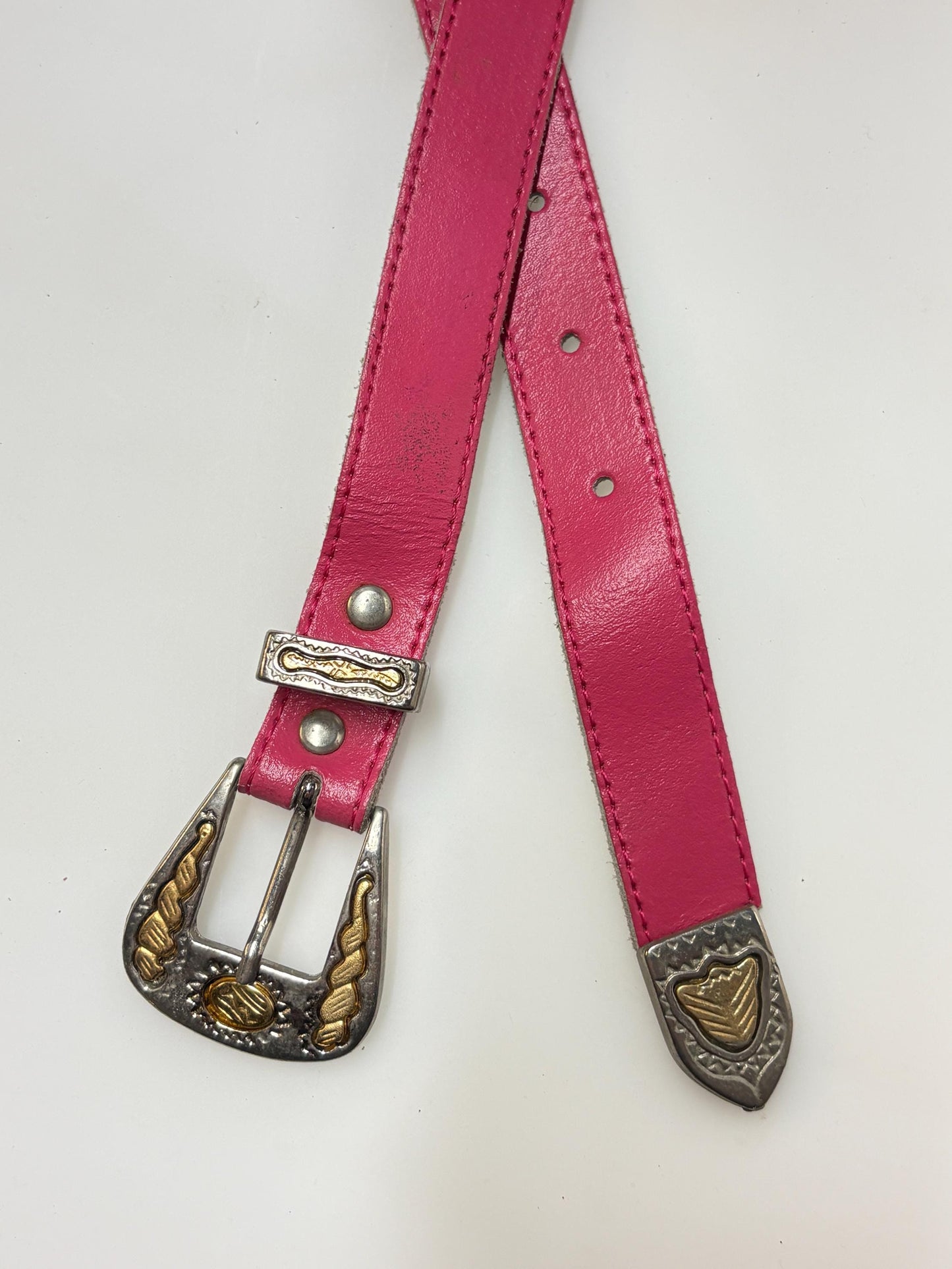 80s vintage womens pink genuine leather 1" country and western belt with fancy steel and brass buckle. For jeans or dress. Cowgirl. NOS