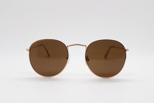 90s vintage round metal sunglasses, 60s style rose gold frame with brown lenses. NOS panto