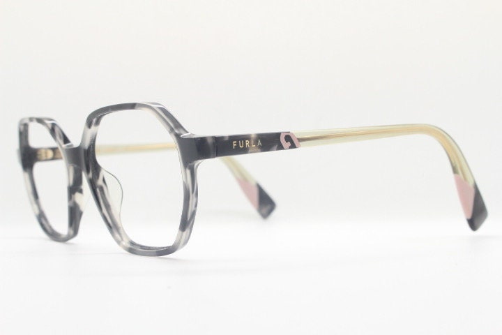 Furla hexagon eye glasses. Grey \ clear marbled acetate optical frame with transparent arms. Vintage prescription RX spectacles. RRP 135 GBP
