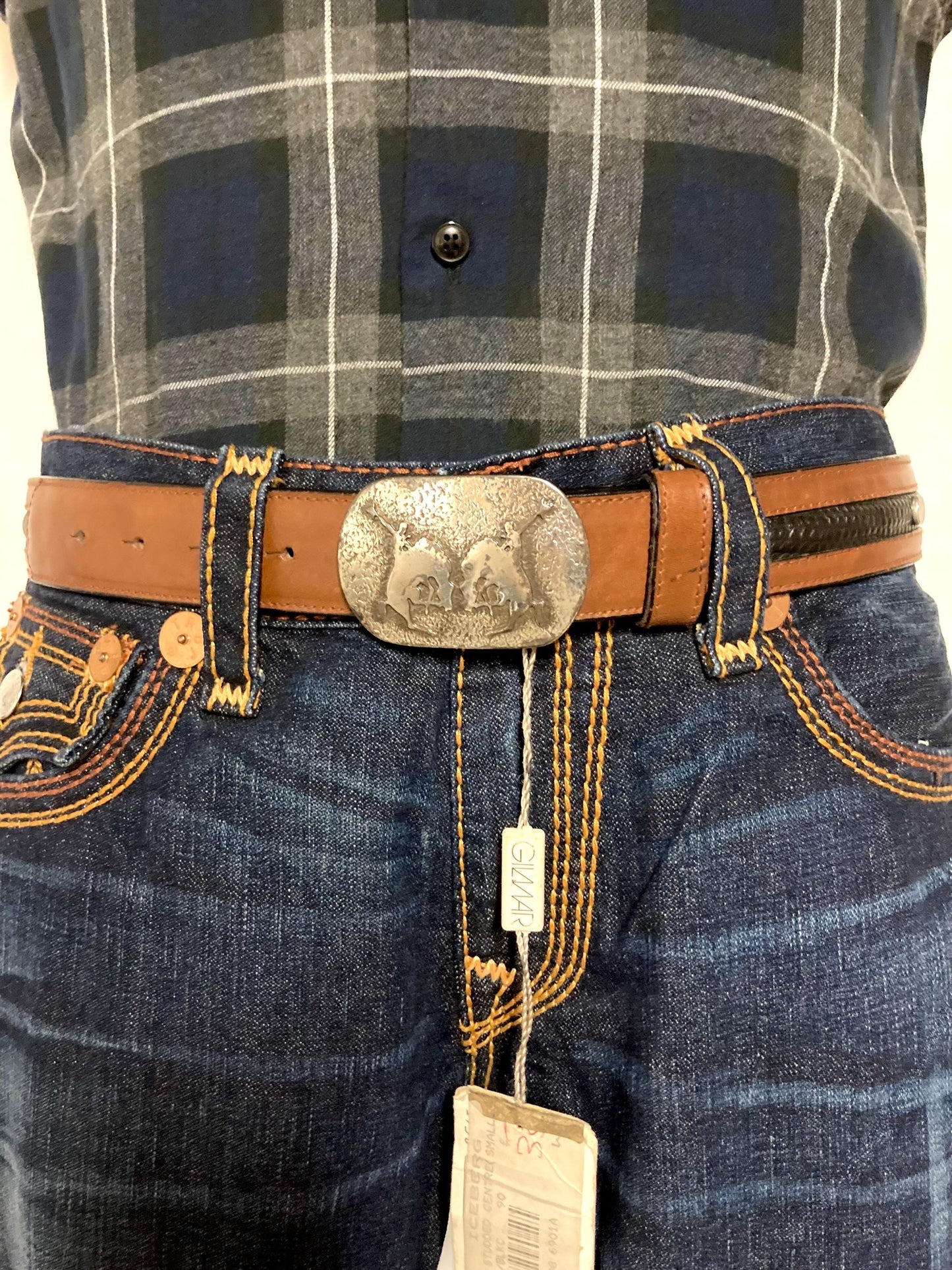Iceberg 90s vintage black and brown genuine leather belt with big silver buckle depicting bucking bronco's. Made in Italy. BNWT. NOS