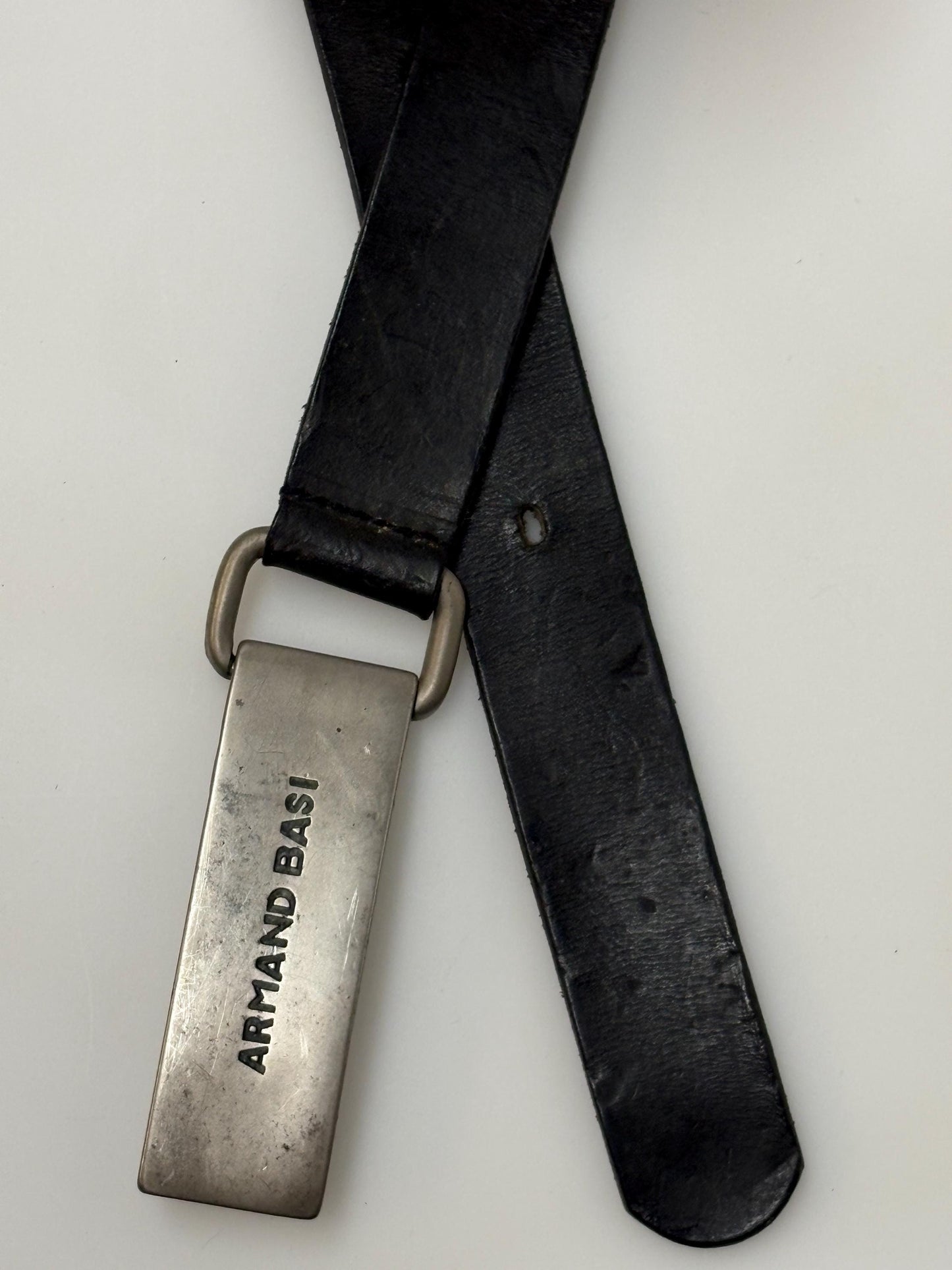 Armand Basi 90s vintage thick black genuine leather belt with distressed wide rectangular metal logo buckle. Single piece cowhide. Mens