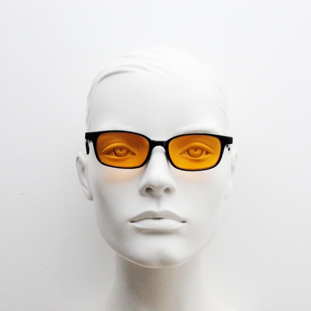 80s vintage rectangular sunglasses. Slim low profile plain black gloss frame with blazing orange lenses. Y2K 2000s. BNWT  NOS