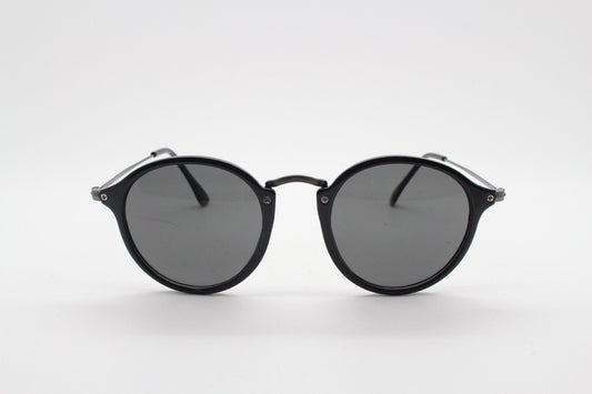 90s vintage round sunglasses. Black gloss slim 30s 40s design frame with metal bridge and dark lenses. Unused NOS